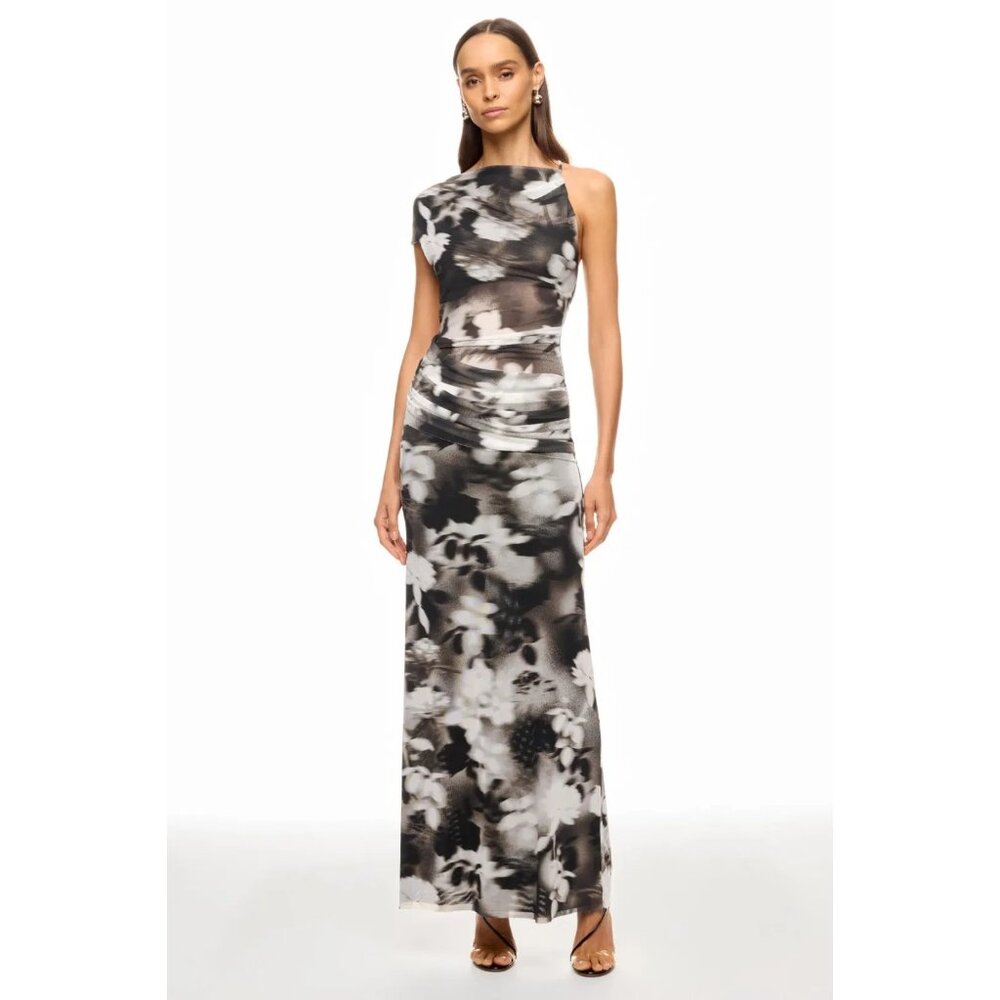 Bec & Bridge Gray Mesh Maxi Dress SIZE 12 Formal Gown Floral Ruched Designer